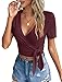 Maroon Womens Crop Top Casual Summer V Neck Tops Unique Slim Short Sleeve Shirts S
