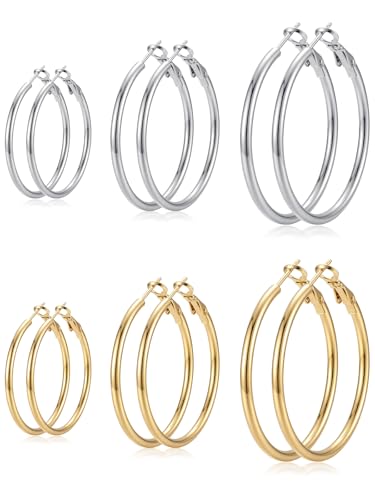 6 Pairs Gold Hoop Earrings for Women, Hypoallergenic Silver Gold Plated Stainless Steel Huggie Hoop Stacks Earrings Set Trendy Jewelry Gifts Lightweight 30/40/50MM