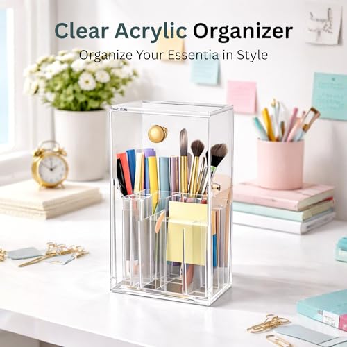 Image of KiZY Luxury Clear Acrylic Lipsstic Nail Polish Makeup Brush Organizer | Elegant Multi-Compartment Makeup & Desk Storage Box for Vanity or Office (Big)