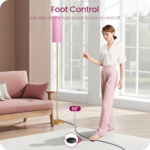 Image of Dimmable Pink Floor Lamp for Living Room with Remote and Foot Switch, Corner Floor Lamp, 64.4'' Standing Tall Lamp, 10W 900LM Bulb Included, 3000K-6500K, Linen Shade, Gold Pink, FCC Listed DP06LD05W1