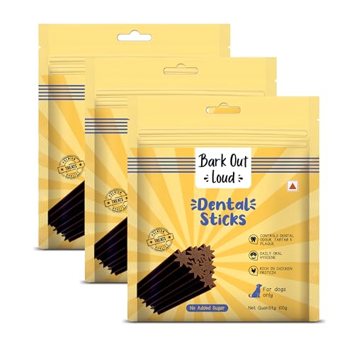 Image of BARK OUT LOUD - Dental Sticks Dog Treats | Sugar /Gluten Free | Plaque Tartar & Odour Oral Care | Fresh Smell Chicken Dog Treats - 300 GMS (100 G x 3),Adult