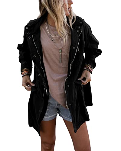 Sysea Women's Military Anorak Safari Warm Jacket Lightweight Zip Up Snap Button Parka Coat With Pockets Black M #TOP27