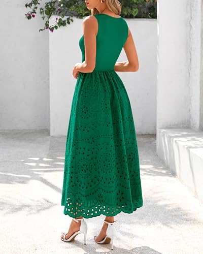 Image of dowerme Women Summer Dresses 2026 Casual Sleeveless Crewneck A-Line Boho Lace Eyelet Cotton Tank Maxi Dress with Pockets