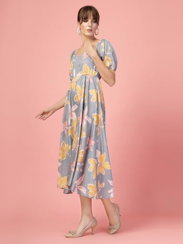 Image of OOMPH! Below Knee Shift Pink Dress in Crepe Fabric with Round Neck and Puff Sleeves - md619l