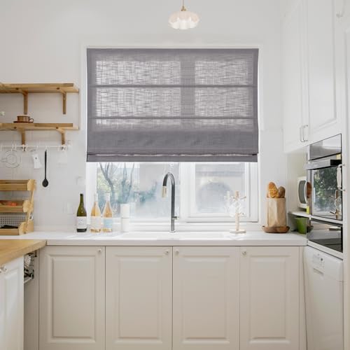 Image of TWOPAGES Liz No Drill Cordless Roman Shades Linen Textured Roman Blinds for Windows, Custom Made Room Darkening Blackout Roman Window Shades, Hardware Included, Rock Grey, 1 Piece