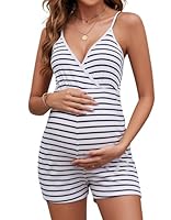 Brynmama Sommer Gestreifter Umstands Jumpsuit Lässiger Rippstrick V-Ausschnitt Umstandsmode für Frauen Schwangerschaft Overall mit Spaghettiträgern Marine Streifen, L