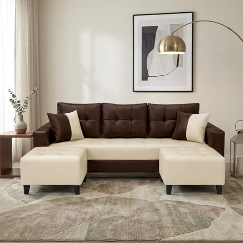Image of SLEEPIFY Harlon Leatherette Fabric 3 Seater Sofa Set with 2 Ottoman (Cream - Dark Brown) | Comfortable & Spacious Seating | Modern Sofa Set for Living Room | Soft Touch Upholstery