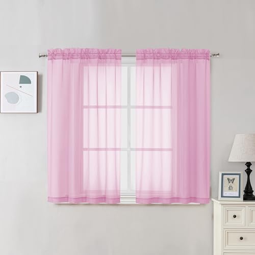 Image of OVZME Light Pink Sheer Curtains 45 Inches Long 2 Panels, Light Filtering Sheer Pink Curtains for Kitchen, Elegant Airy Draperies for Gilrs Living Room Nursery Room, Dual Rod Pocket, Each 42Wx 45L