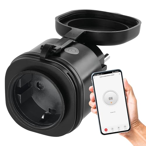 EMOS GoSmart - Presa Wi-Fi per esterni, 16 A, 2,4 GHz, con timer e contatore, IP44, controllata manualmente o con app intelligente, assistente vocale Amazon Alexa, Google Assistant, nero