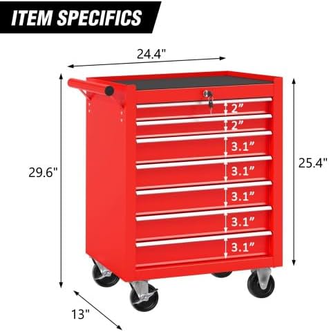 Rolling Tool Chest with 7-Drawer Tool Box with Wheels Multifunctional Tool Cart Mechanic Tool Storage Cabinet for Garage, Warehouse, Workshop, Repair Shop (Red)