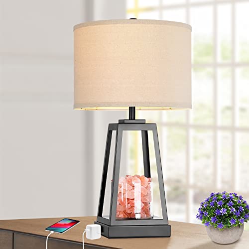 Farmhouse Table Lamp With Himalayan Salt Lamp, 24.4"H 3-Way Dimmable Touch Control Bedside Lamp With 2 Usb Ports & Ac Outlet, Iron Traditional Lamp With Flaxen Fabric Shade For Living Room Bedroom #TOP11