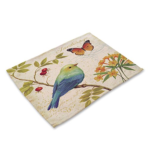 Cotton Linen Placemats Birds Painting Design Place Mats Home Decoration For Dinner Table,Indoor Outdoor Kitchen Table Mats Set Of 6 (Ink Bird) #TOP6