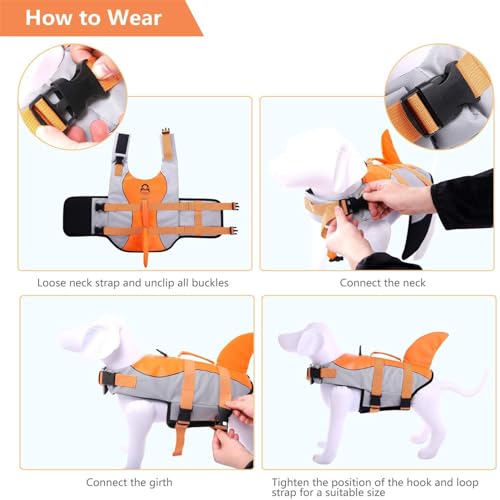 CITÉTOILE Schwimmweste Hunde Hai, Leicht und Sicher für Wassersport, hundeschwimmweste mit Griff und Reflektierend für Kleine Mittlere und Große Hunde, Orange, M
