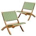 VINGLI Wooden Outdoor Chairs, Portable Rattan Folding Chair with Low Webbing Seat and Backrest, Adirondack Chairs, Ideal for Patio, Lawn, Garden, Fishing, Green, 2 Pack