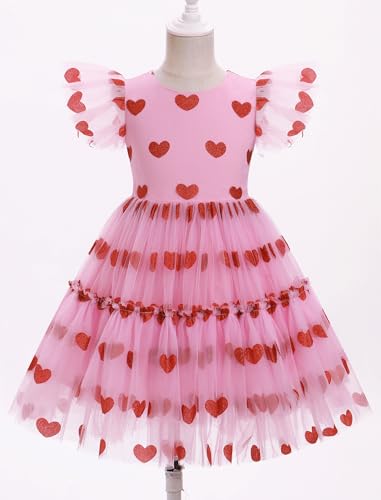 Valentines Day Dress for Girls Heart Print Birthday Party Tulle Princess Dress Ruffle Sleeve Pageant Tutu Dresses4