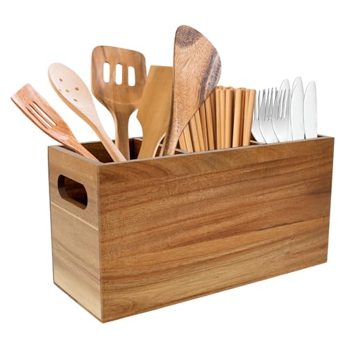 Tcwhniev - Soporte para utensilios de cocina de madera para mostrador, divisor extraíble, organizador de cubiertos de madera con 3 compartimentos, organizador de utensilios para...