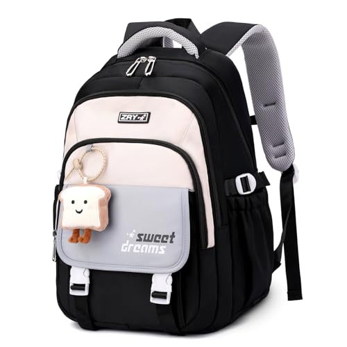 Amythe Schulrucksack Teenager - 36L Schulranzen für Mädchen ab 5. Klasse, Großer Rucksack für Mittel- und Oberstufe, Lässiger Kinderrucksack mit Süßem Anhänger und Trolleyband, Schwarz