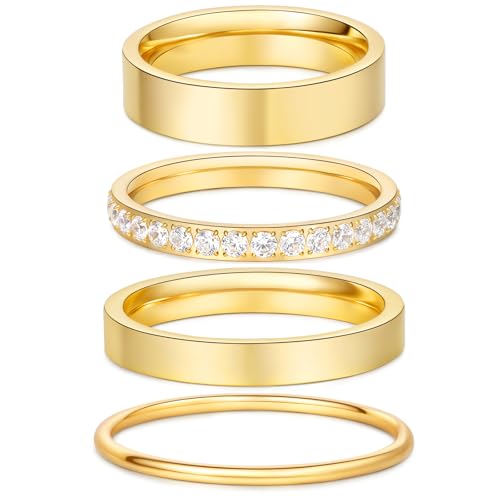 4 Pcs 14k Gold Filled Rings for Women Non Tarnish Wedding Bands Stacking Rings for Women Titanium Steel CZ Simulated Diamond Knuckle Ring Set