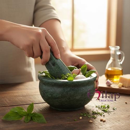 Image of Green Marble Mortar and Pestle Set Stone 4 Inch, Khalbatta, Imamdasta, Kharal, Kundi, Okhli, Musal, Mixer, Silbatta Kitchen tool for Grinding Ingredients.
