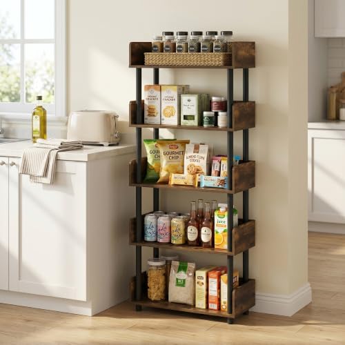 Image of Furinno TURN-N-TUBE 5-Tier Display Shelf, Storage Shelves, Book Shelf, Open Shelves with Rounded Corner Top Edges, for Organization and Storage, Living Room, Home Office, Amber Pine