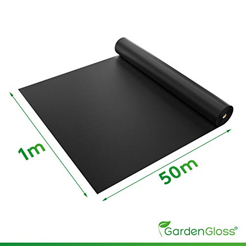 GardenGloss® 50m2 Unkrautvlies Gartenvlies gegen Unkraut – Unkrautfolie Wasserdurchlässig – Reißfestes Unkrautflies 50g/m2 – Hohe UV-Stabilisierung (50m x 1m, 1 Rolle)