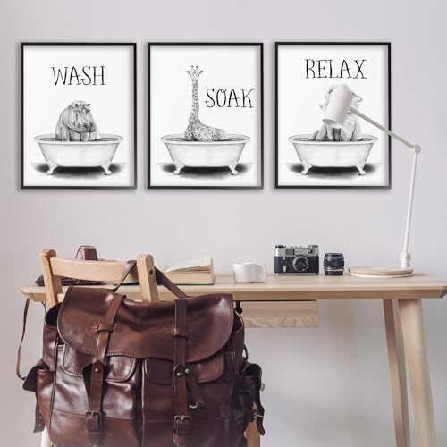 Image of Jungle Animals Bathroom Signage, 24 x 30 Inch Framed Giclee Print Set | Stupell Industries . By Rachel Nieman . Ready to hang . Great for bath and laundry . Made in USA
