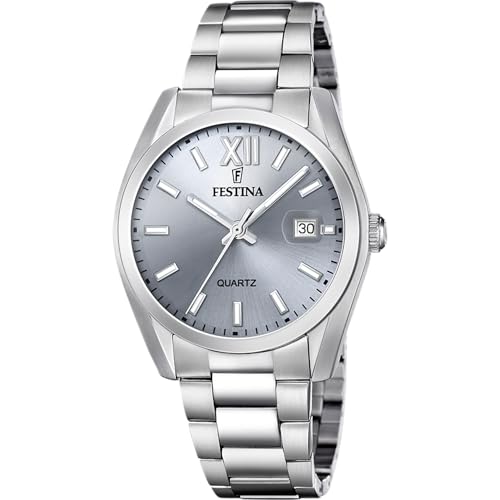 Festina Montre Homme Analogique en Acier Inoxydable 316L Argenté - Mouvement Quartz - Calendrier - Verre Minéral Haute Résistance - Étanche 5 ATM F20707/1