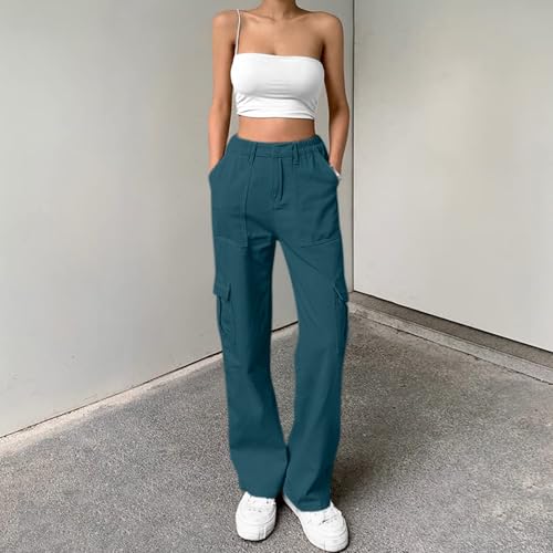 Image of Lepunuo Cargo Pants for Women High Waisted Casual Pants Baggy Stretchy Wide Leg Y2K Streetwear with 6 Pockets