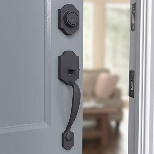 Image of Amazon Basics Front Door Lock Set, Handleset with Tulip Knob, Level Door Handle, Exterior, Single Cylinder, Matte Black, 1-Pack