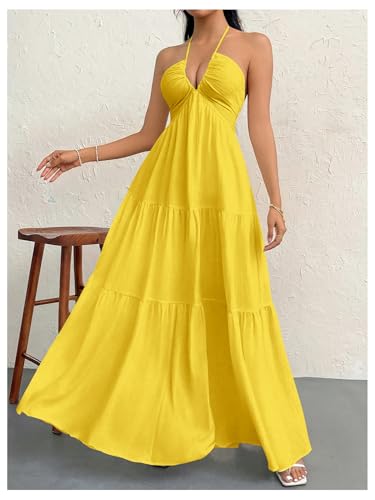 Image of SHENHE Women's Deep V Neck Tie Knot Backless Halter Dress A Line Flowy Ruffle Maxi Dress