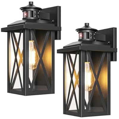 2-Pack Motion Sensor Outdoor Wall Lights, Upgraded Dusk to Dawn Outdoor Lighting Waterproof, Black Modern Outside Wall Mount Light Fixtures, Anti-Rust Exterior Light for House Porch Entryway Garage