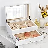 Picture of Meangood Jewelry Box Organizer for Women, 2 Layer Large Jewelry Storage Case, Rustic Wooden Jewelry Box with Mirror & Ring Tray for Necklace Earring Bracelets Rings, Vintage Style (White)