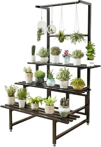 プランターラック フラワースタンド 屋外 植木鉢ラック 吊り鉢 吊り下げ ウォールナット 園芸ラック 花置き棚 アイアン ガーデンラック 錆びない 2段 3段 横型 盆栽棚 植物棚
