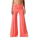 Generisch Coral Fold-Over-Yogahose Damen Weite Lounge Raffung Hose Einfarbige Wide-Leg-Pants Korallfarbene Faltenhose mit Hohem Umschlagbund für Yoga Sport und Alltag