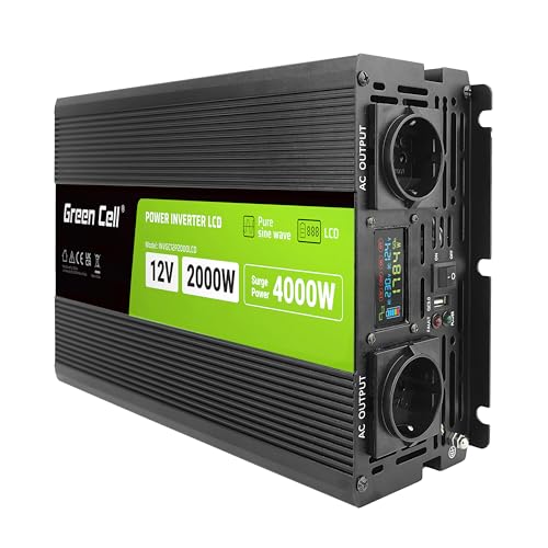 Convertisseur tension pur sinus 2000W Green Cell transforme le 12V en 230V avec écran LCD