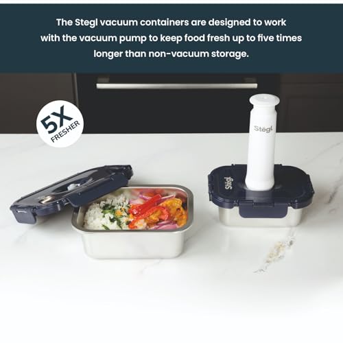 Image of Stegl Vacuum Container Set - Airtight Stainless Steel Containers with Vacuum Pump | Keeps Food Fresh 5x Longer | Microwave & Dishwasher Safe | 480ml & 800ml