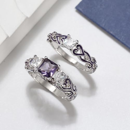 Cherri Wedding Ring Set for Women by Ginger Lyne | Purple Princess Cut Engagement Ring with Matching Wedding Band Cubic Zirconia Promise or Bridal Set2
