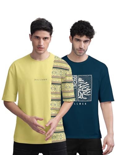 Image of BULLMER Trendy Front and Back Printed Oversized Round Neck T-Shirt for Men - Pack of 2