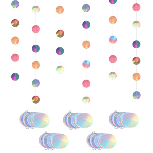 5 Stück 4m Papier Girlande Set, Hängende Iridescent Runde Garland, Glitzer Deko Geburtstag, Regenbogen Rund Punkte, Bunt für Karneval Jubiläen