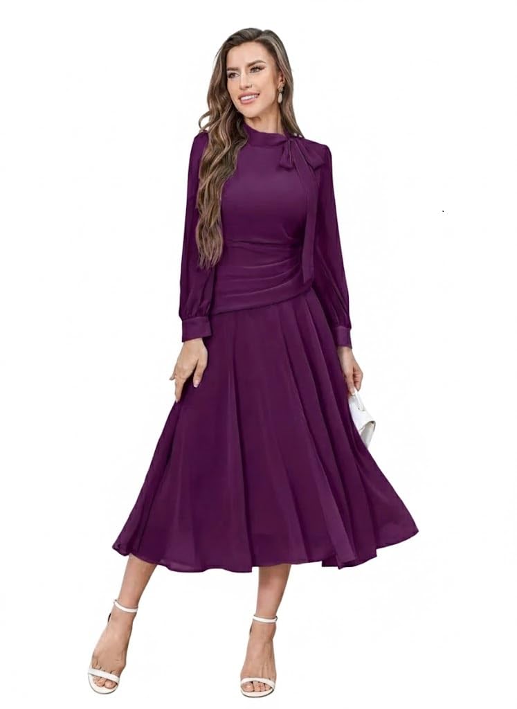 Women Elegant Midi Dress | Long Sleeve Fit & Flare Dress Western Dress for Women | Office, Evening, Casual & Occasion Wear