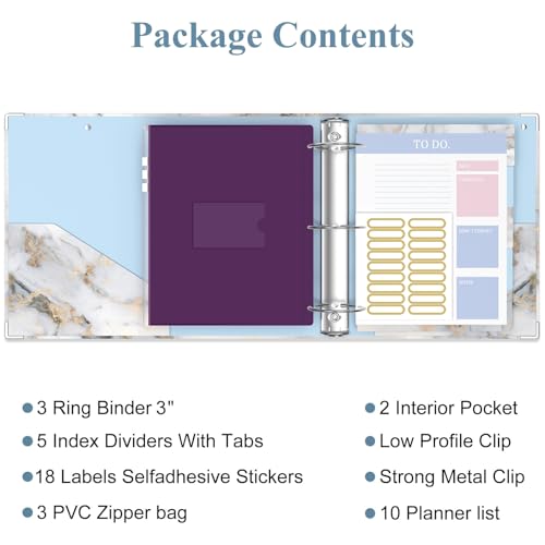Image of 3 Ring Binder, 3 Inches Round Ring Binder with Clipboard, Dividers Tabs, PVC Zipper Bag Sleeves & to Do List Planners for Women, Men, School, Office Supplies, White Marble