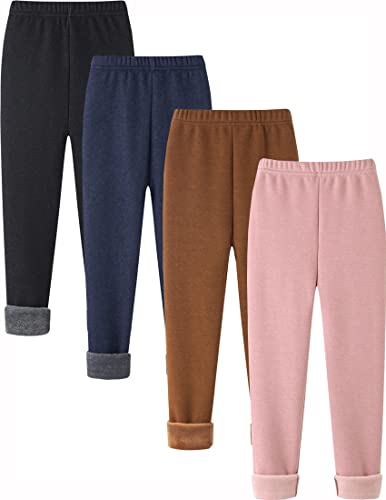 Kiench Girls Winter Warm Pants Kids Fleece Lined Leggings Cotton 4-Pack