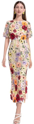 LAI MENG FIVE CATS Women's 3D Floral Short Sleeves Crew Neck Fishtail Mesh Embroidery Party Cocktail Maxi Dress