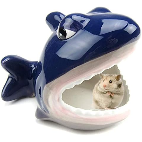 CHUQIANTONG Hamster House Ceramic Shark Shape Small Pet Hideout Nest-Hamster Sand Bath-Chinchilla Dust Bath Nesting Habitat Cage Accessories(Shark) Cover