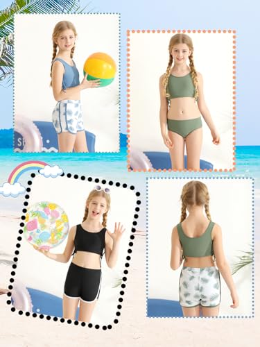 Image of Girl's 3 Piece Bikini Bathing Suit Printed Sport Swimsuits with Shorts Cove Up Sets Teen Girl's Swimwear