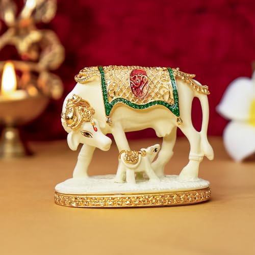 Image of Ekhasa Kamdhenu Cow with Calf Vastu Idol | Gomatha Cow and Calf Statue for Pooja | Resin Cow Calf Idol for Home Decor, Vastu, Feng Shui, Pooja Room, Good Luck, Gift for Griha Pravesh Ceremony