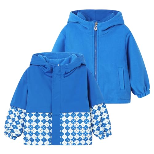 Image of LittleSpring Neutral Boys Girls Reversible Plaid Polar Fleece Jackets with Hooded Waterproof Outerwear