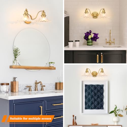 Image of Bright Brushed Gold Bathroom Vanity Light Vintage Style, E26 Easy Mounted | Vanity Light with Flower Glass Shades, 18 inch Wide Bathroom Lighting Over Mirror, Easy Mounted for Bathroom, Bedroom, Hallway