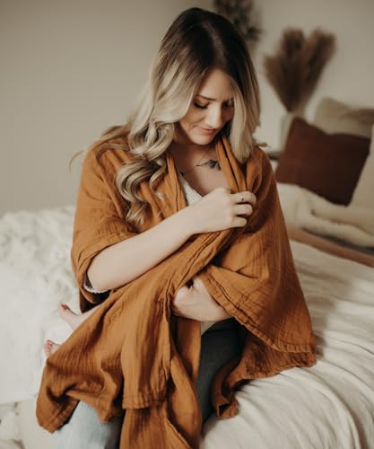 Image of Indi by Kishu Baby GOTS Organic Muslin Nursing Cover Up for Breastfeeding, Breathable Shawl, Scarf, Privacy Nursing Cover for Breastfeeding Moms (Caramel)
