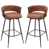 BV Counter Height Bar Stools Set of 2, 26 inch Seat Height Bar Stools, 180° Swivel Barstools with Woven Back and Footrest, Suede Fabric Counter Stools for Kitchen Island, Bar Pub